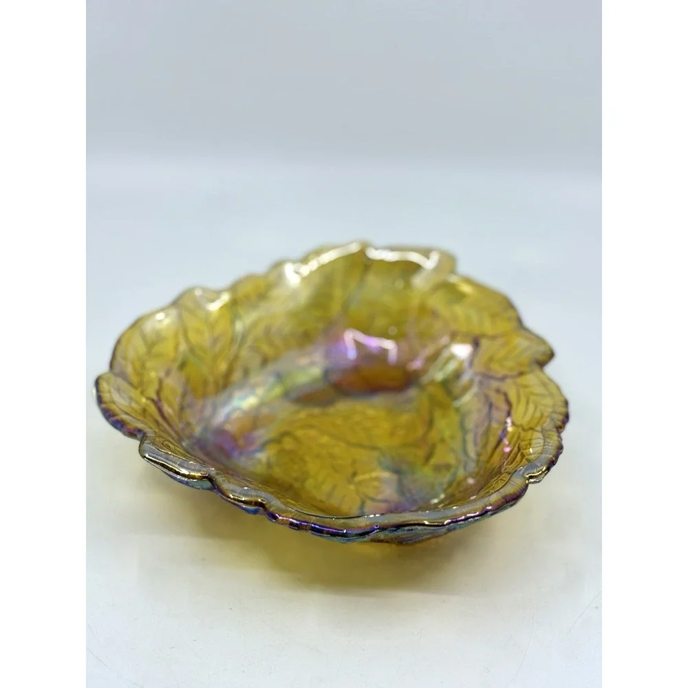 Antique Imperial Marigold Carnival Grape Leaf Shape Glass Scalloped Bowl Dish 7